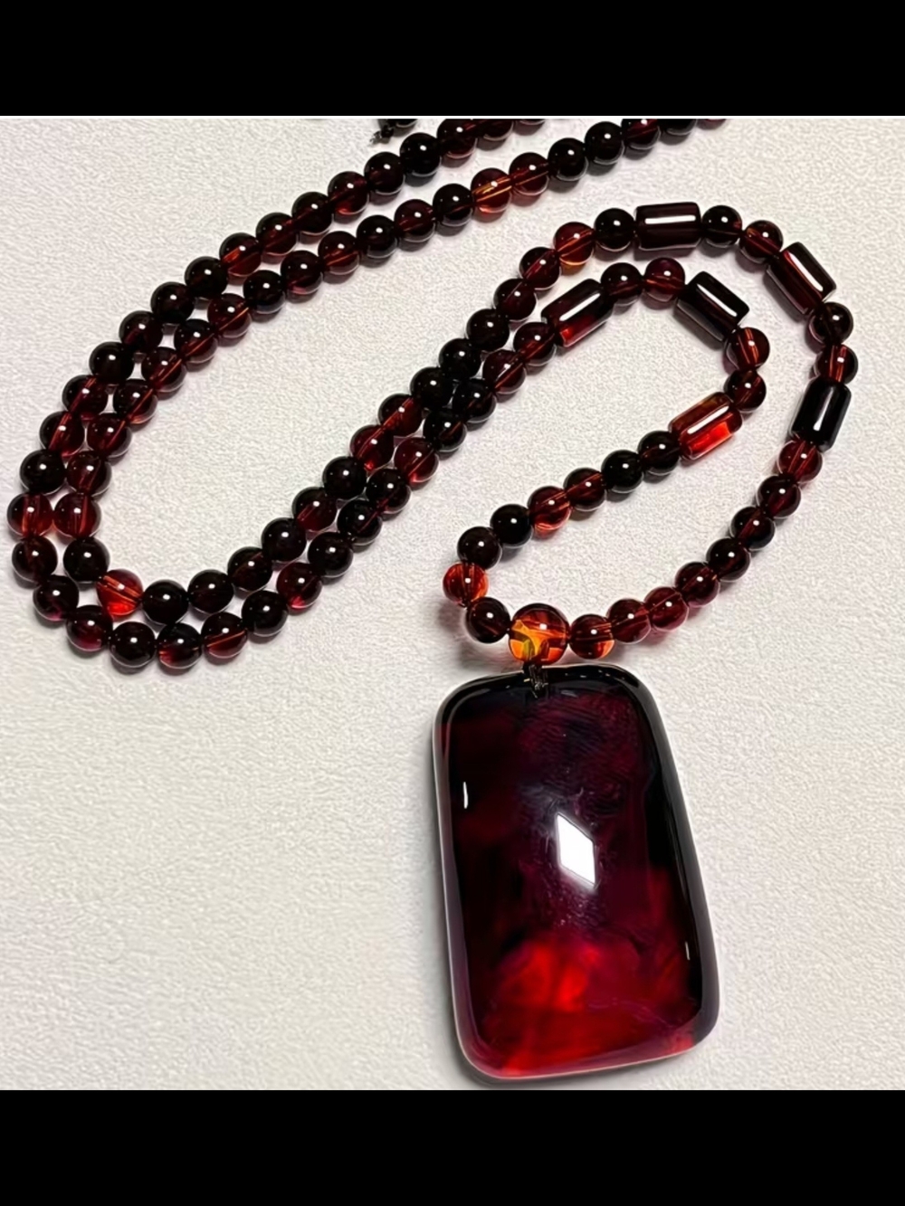 Vintage Large Cherry Red Amber Pendant Necklace - Statement Beaded. UNISEX